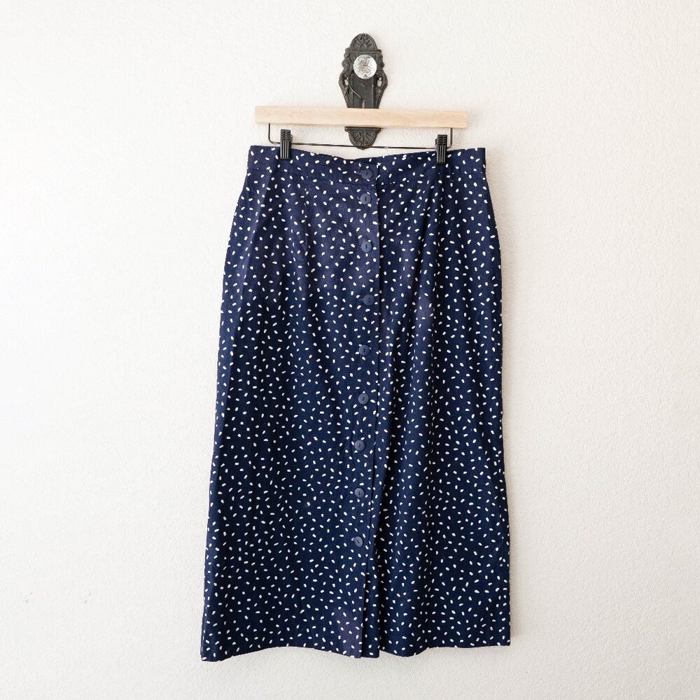 Vintage USA Blue Polka Dot Button Front Midi Skirt 16 Cottagecore